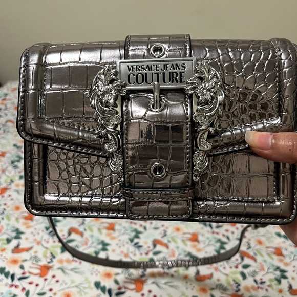 Versace Jeans Collection Metallic Croc-Embossed Clutch - Picture 1 of 9